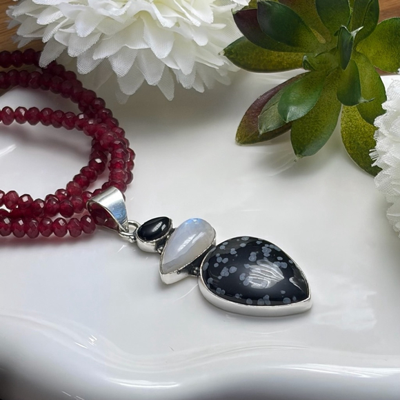 Onyx Moonstone Snowflake Obsidian Pendant Jewelry Set Lot Garnet Necklace 925 - Picture 3 of 8